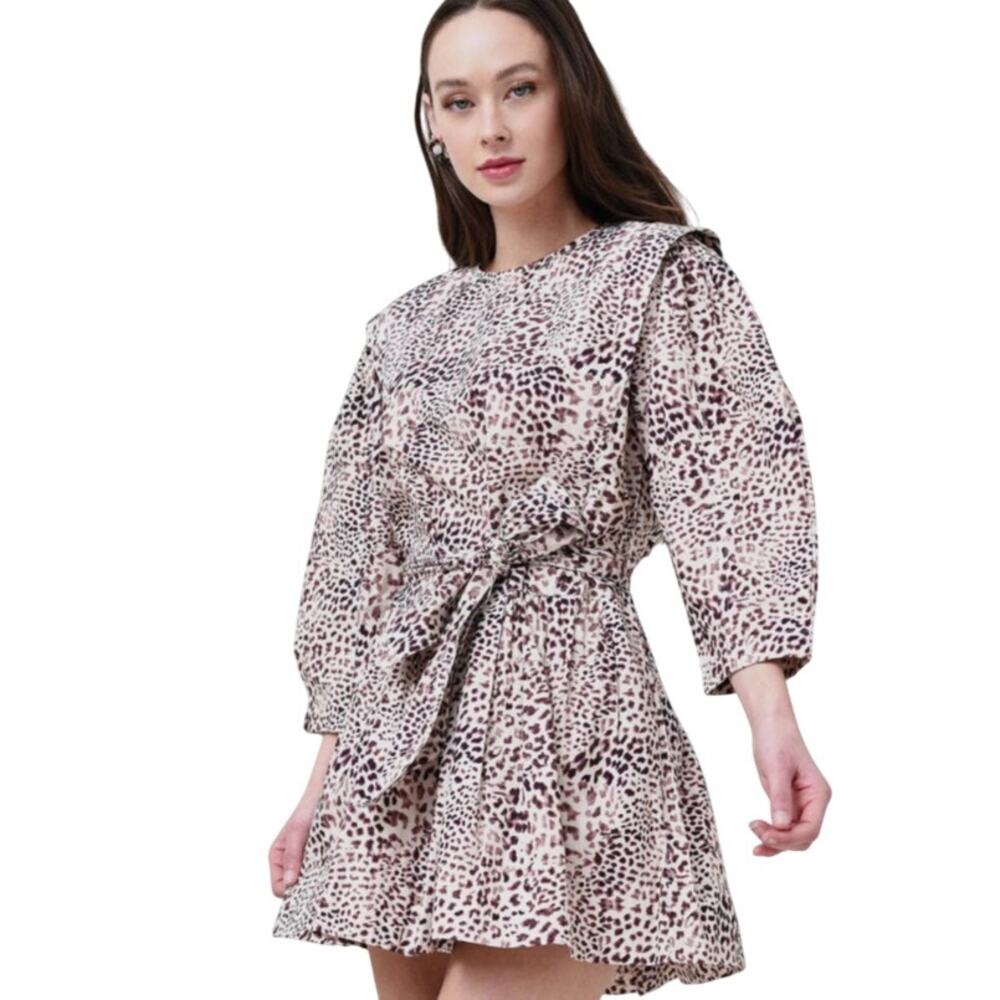 Sea New York Calla Belted Tunic Dress Mini Cheetah Leopard Long Sleeve Brown 4